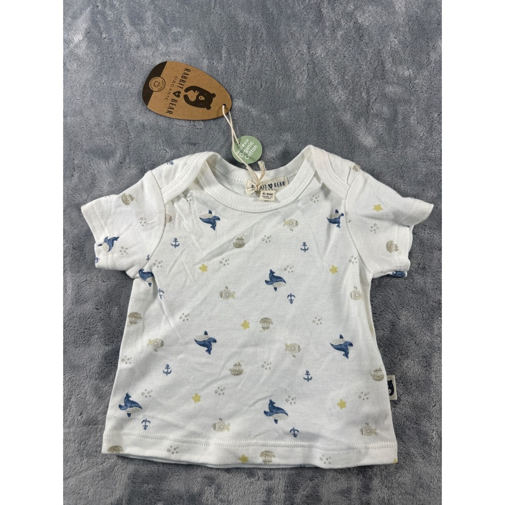 Rabbit Bear Organic Cotton‎ Baby T-Shirt White Whale Nautical Print 6-9M NWT